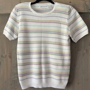 Vintage‎ Alfred Dunner Sweater Short Sleeve Pastel Stripe Shoulder Pads Small